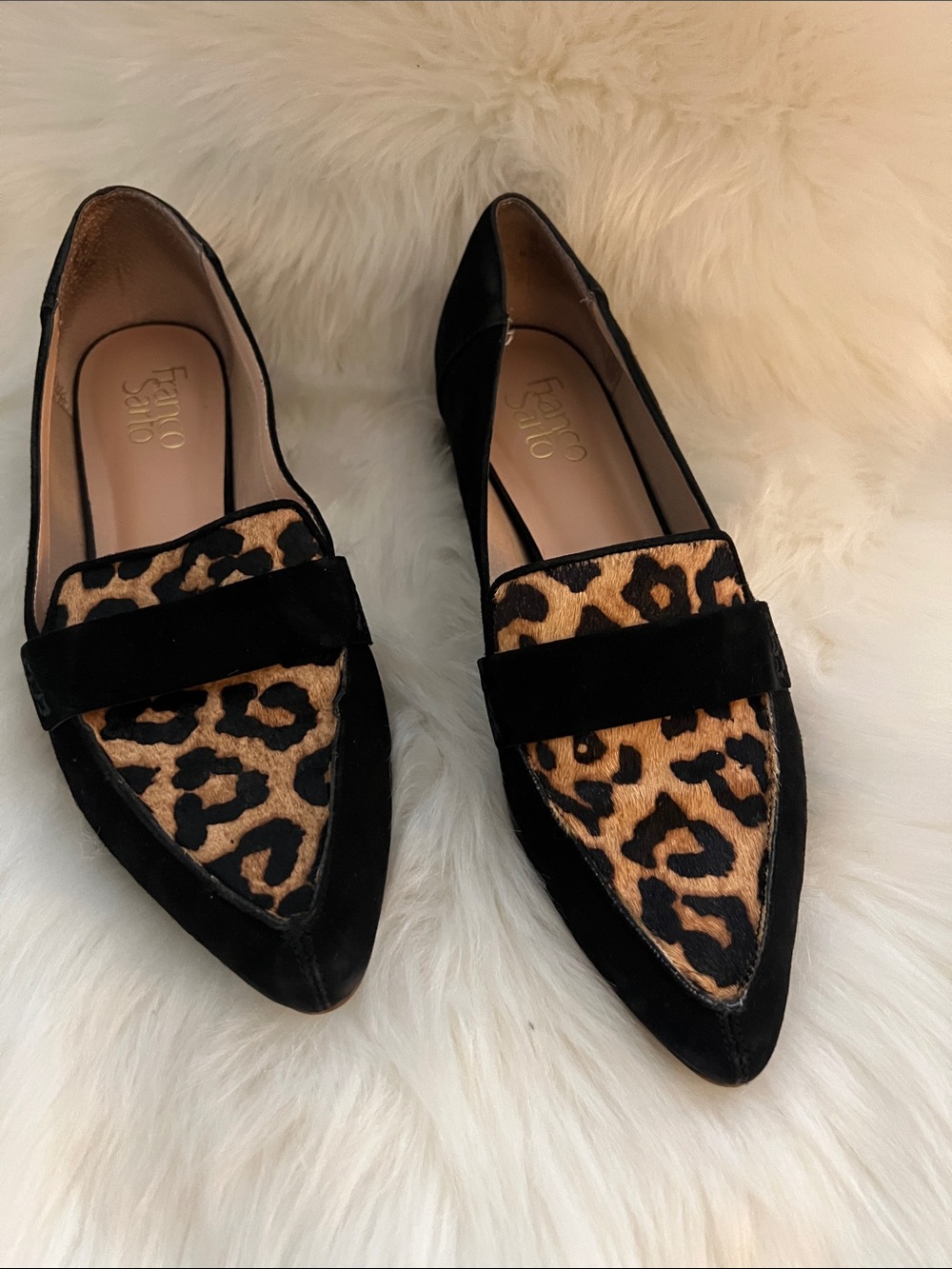 Franco Sarto Black and Leopard Pointed-Toe Loafers